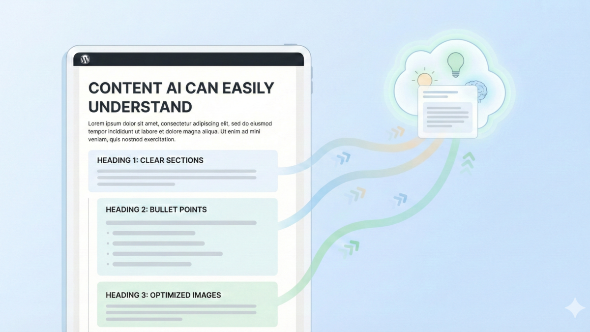 Structured WordPress blog post with clear headings flowing into an AI-generated summary, illustrating AI extractable content