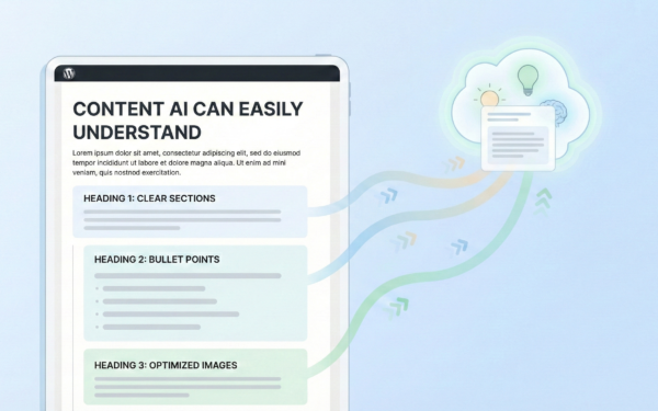 Structured WordPress blog post with clear headings flowing into an AI-generated summary, illustrating AI extractable content
