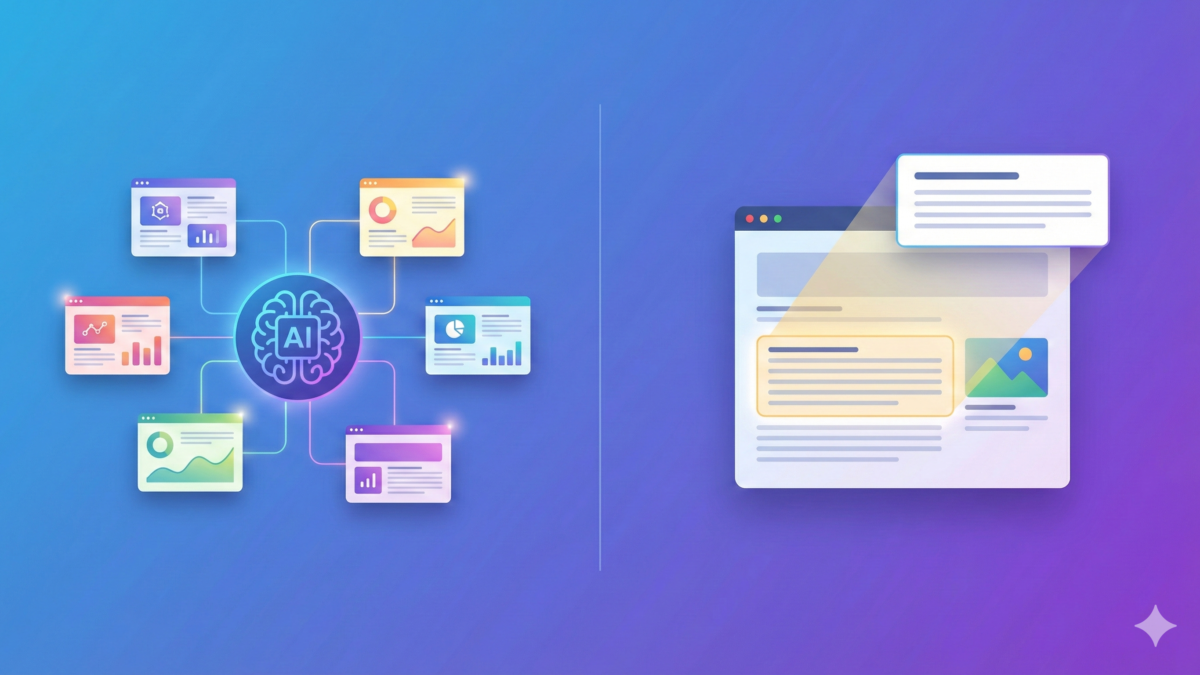A split-screen illustration comparing AI Overviews and Featured Snippets. The left side shows a glowing AI brain icon synthesizing data from multiple connected website cards. The right side shows a spotlight highlighting and extracting a specific answer from a single webpage.