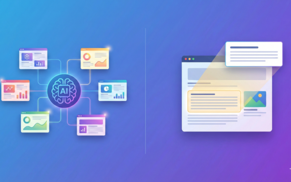 A split-screen illustration comparing AI Overviews and Featured Snippets. The left side shows a glowing AI brain icon synthesizing data from multiple connected website cards. The right side shows a spotlight highlighting and extracting a specific answer from a single webpage.