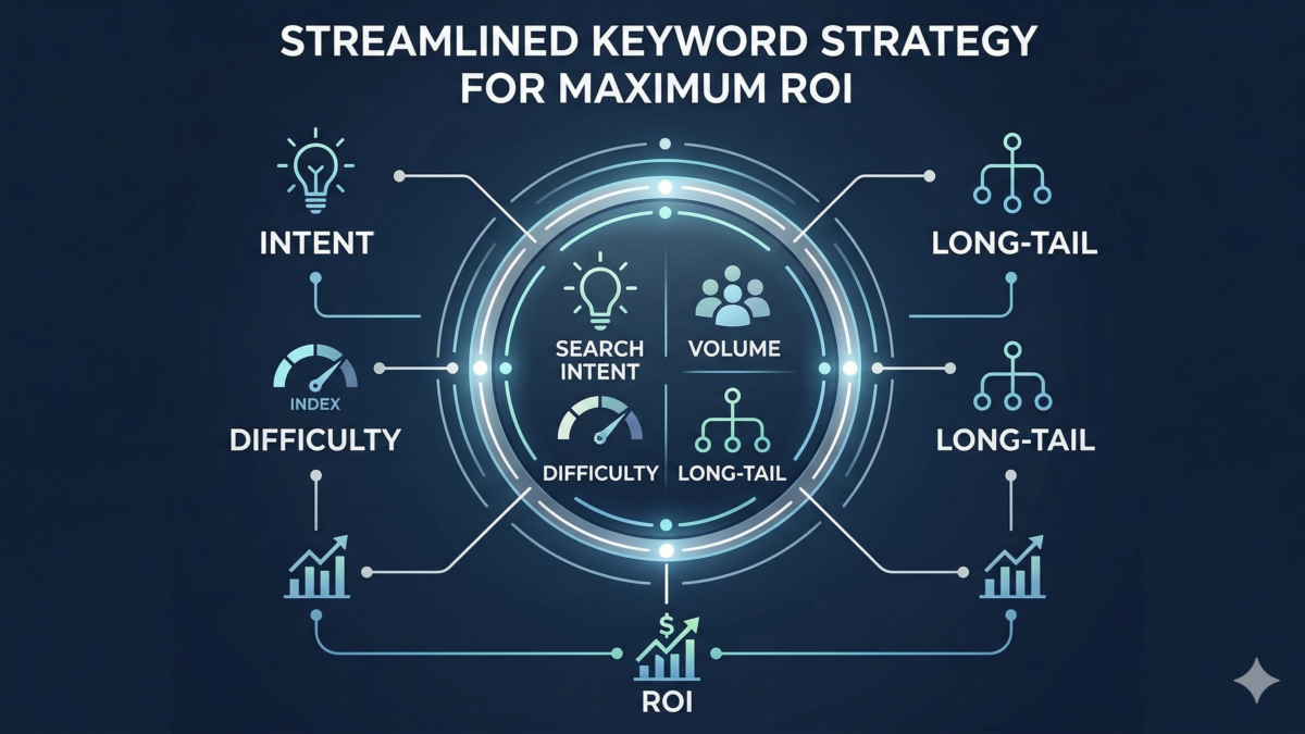 Infographic of a streamlined keyword strategy for maximum SEO ROI. The image features a central data hub with connected nodes illustrating key concepts. Nodes include "Intent" with a lightbulb icon, "Difficulty" with an index gauge, "Long-Tail" keywords with network diagrams, and "ROI" with graphs showing growth and dollar signs. The overall title is "Streamlined Keyword Strategy for Maximum ROI."