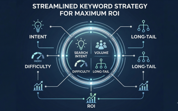 Infographic of a streamlined keyword strategy for maximum SEO ROI. The image features a central data hub with connected nodes illustrating key concepts. Nodes include "Intent" with a lightbulb icon, "Difficulty" with an index gauge, "Long-Tail" keywords with network diagrams, and "ROI" with graphs showing growth and dollar signs. The overall title is "Streamlined Keyword Strategy for Maximum ROI."