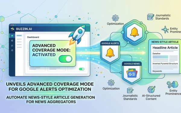 Buzzin.ai interface showing Advanced Coverage Mode for Google Alerts optimization and news-style article structure.