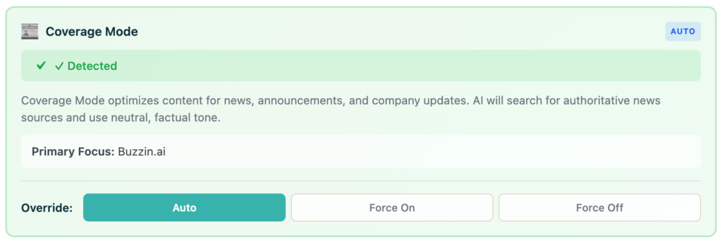 screenshot of coverage mode feature in Buzzin Content Studio (WordPress Plugin) AI generated SEO and AEO blog posts