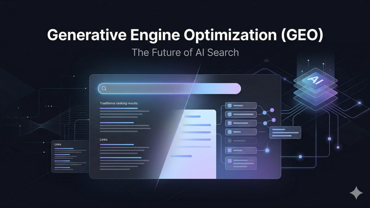 A modern digital illustration showing the transition from traditional SEO search results to AI-driven Generative Engine Optimization (GEO).