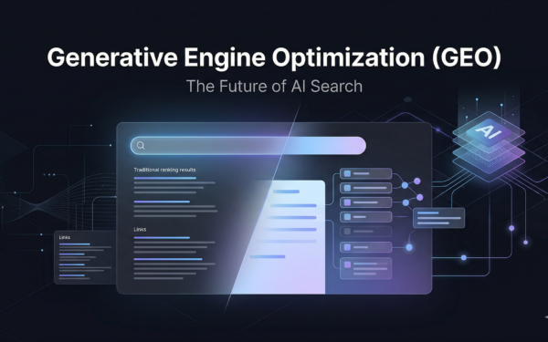 A modern digital illustration showing the transition from traditional SEO search results to AI-driven Generative Engine Optimization (GEO).