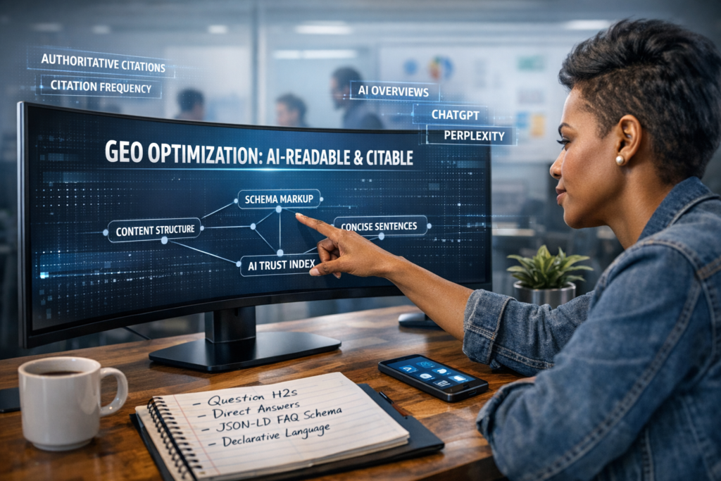 GEO optimization workflow showing AI-readable and citable content strategy with schema markup, structured data visualization, and content optimization elements on a curved monitor