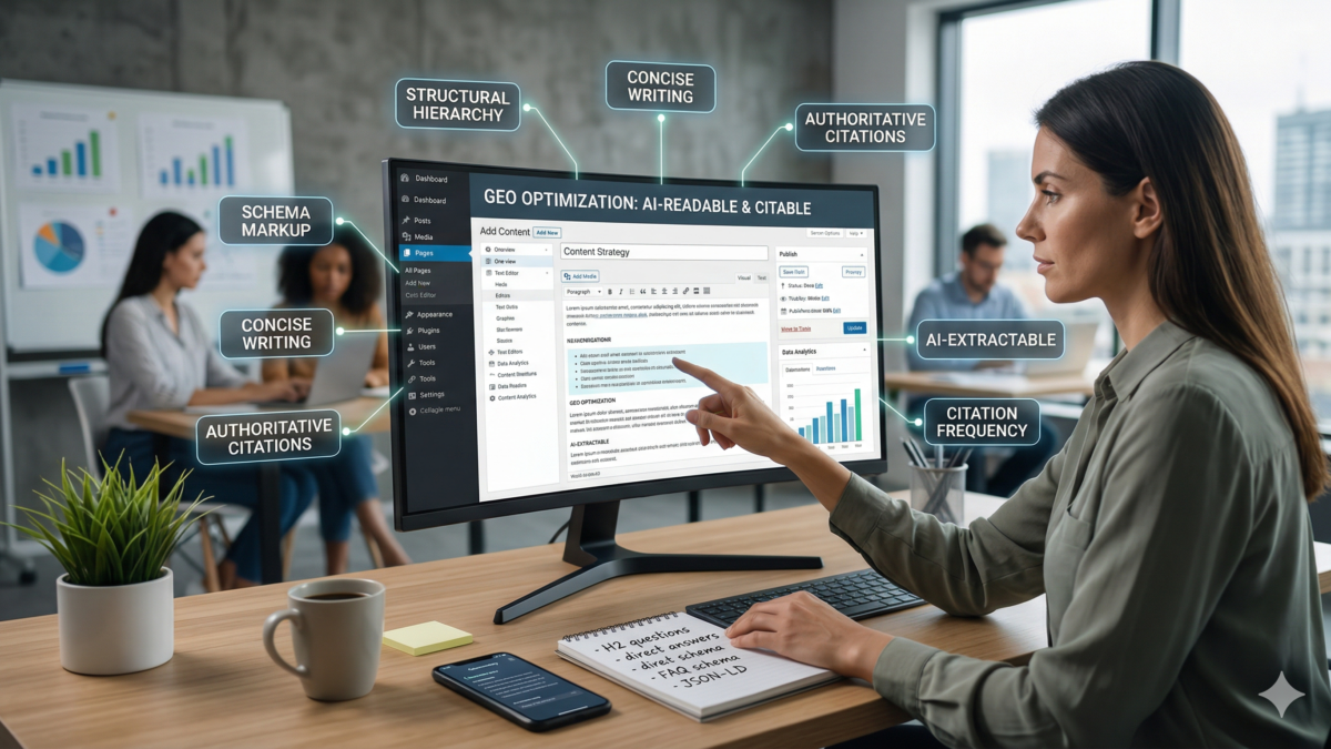 A digital marketer analyzing a GEO optimization checklist on a computer screen for AI search visibility.
