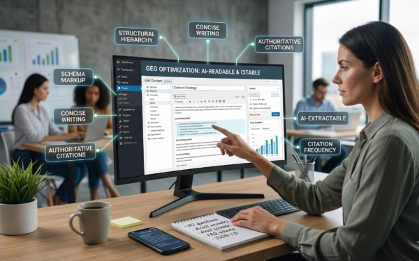 A digital marketer analyzing a GEO optimization checklist on a computer screen for AI search visibility.