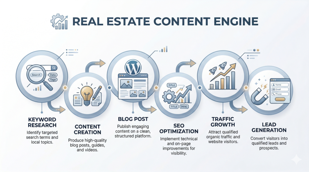 Real estate content marketing workflow showing keyword research, blog creation in WordPress, SEO optimization, and lead generation process