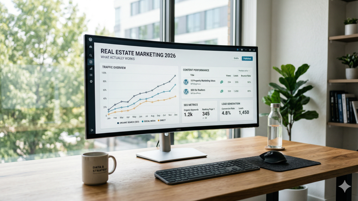 Real estate marketing strategy 2026 dashboard showing SEO performance and content analytics on a WordPress website