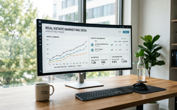 Real estate marketing strategy 2026 dashboard showing SEO performance and content analytics on a WordPress website