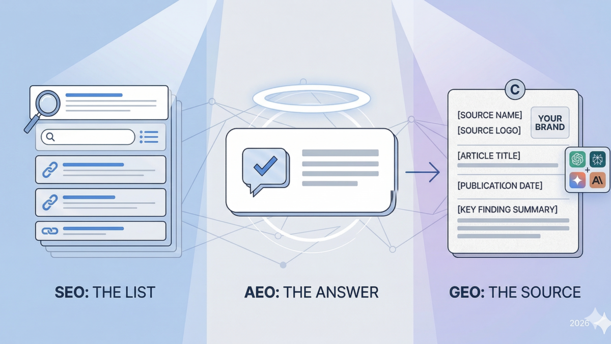 Infographic comparing SEO vs AEO vs GEO strategies for 2026, showing the transition from ranked search lists to direct AI answers to authoritative citations in generative AI engines.