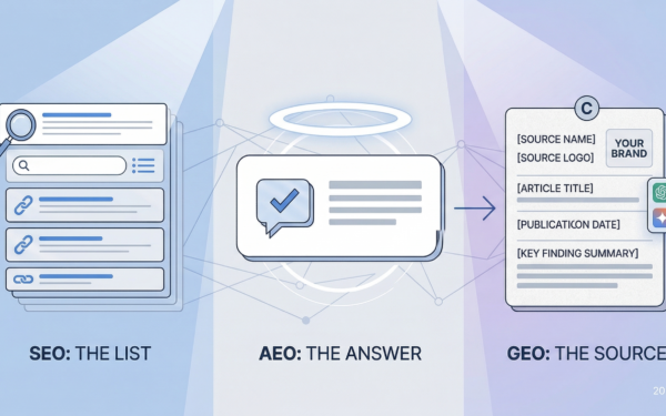 Infographic comparing SEO vs AEO vs GEO strategies for 2026, showing the transition from ranked search lists to direct AI answers to authoritative citations in generative AI engines.