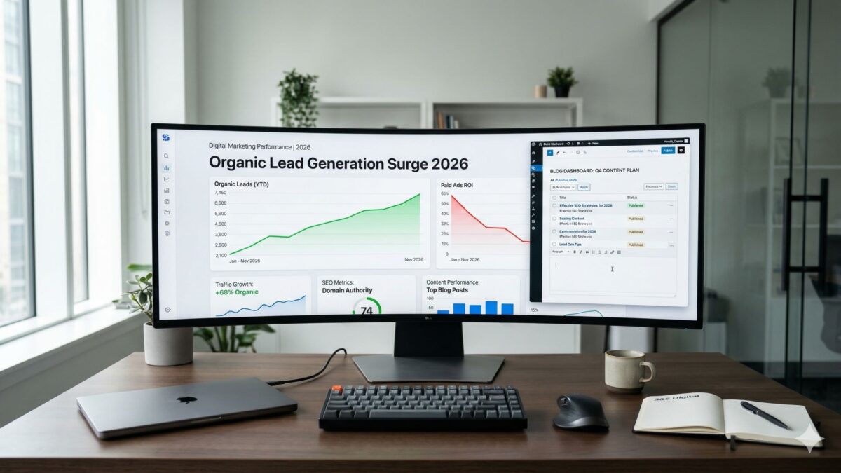 Organic lead generation growth dashboard showing rising traffic and declining paid ads ROI