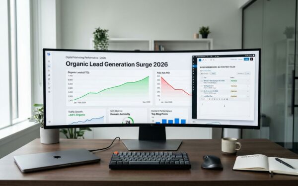 Organic lead generation growth dashboard showing rising traffic and declining paid ads ROI