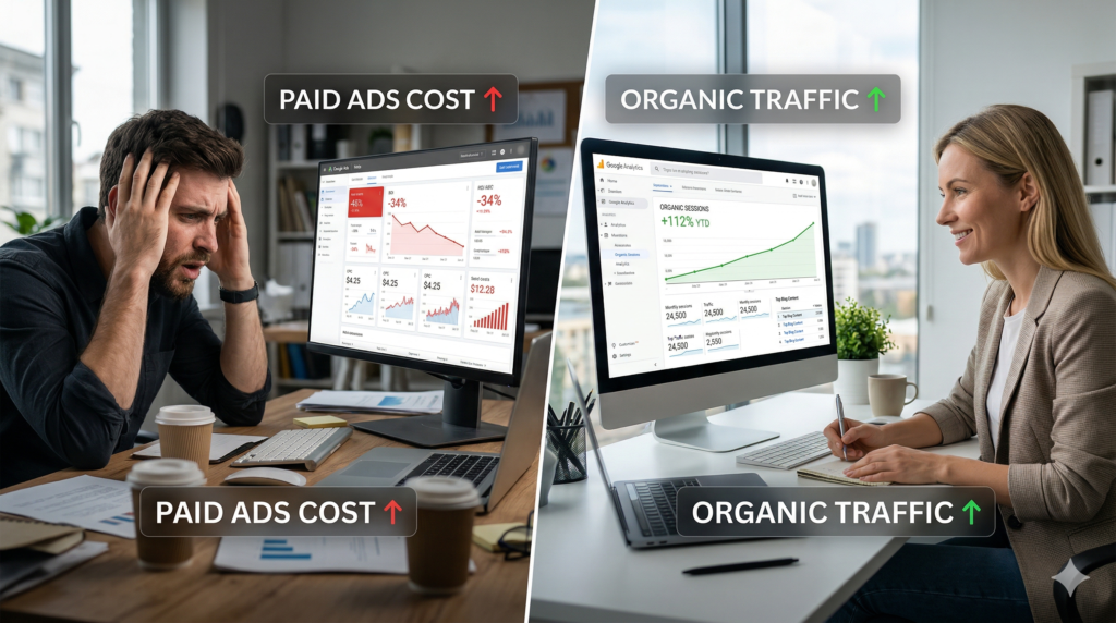 comparison between rising paid ad costs and growing organic lead generation through content marketing