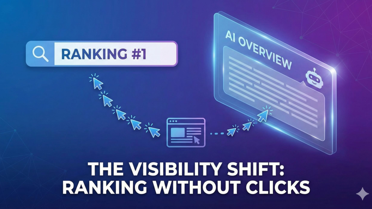 Digital illustration depicting a visibility shift in search results, showing user attention moving towards AI Overviews instead of traditional links, representing the concept of ranking without clicks.