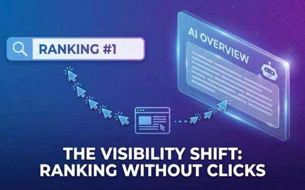 Digital illustration depicting a visibility shift in search results, showing user attention moving towards AI Overviews instead of traditional links, representing the concept of ranking without clicks.