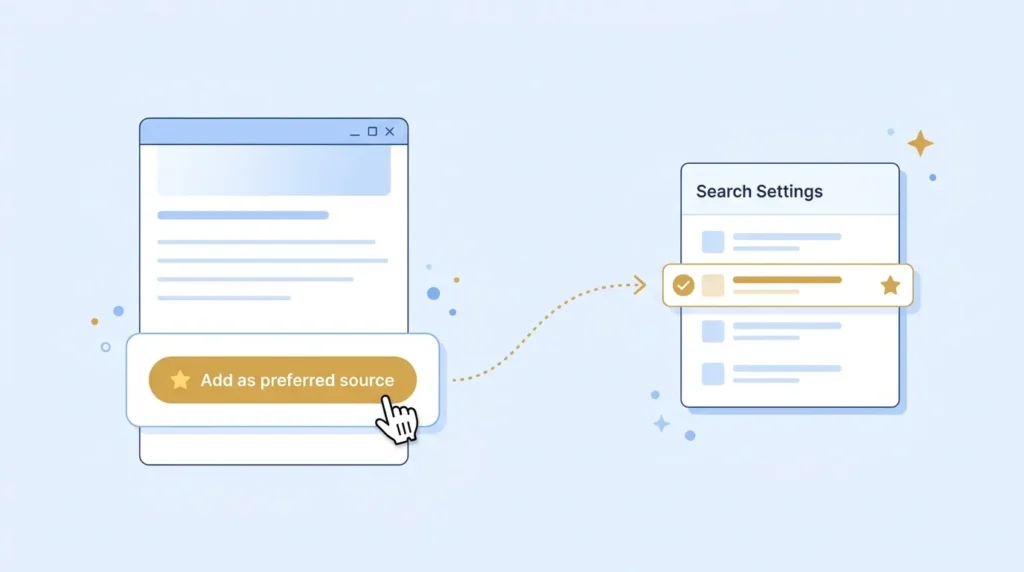 Illustration of a blog post's Add as preferred source button being clicked, which ticks and stars that blog in Google's source settings list