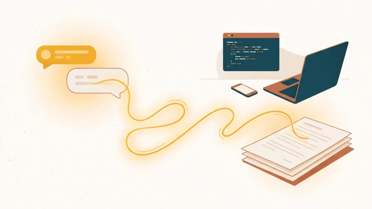 Illustration of a chat conversation flowing along a gold thread into a stack of blog drafts, showing WordPress MCP turning an AI assistant chat into WordPress posts