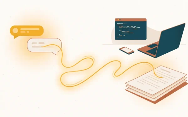 Illustration of a chat conversation flowing along a gold thread into a stack of blog drafts, showing WordPress MCP turning an AI assistant chat into WordPress posts